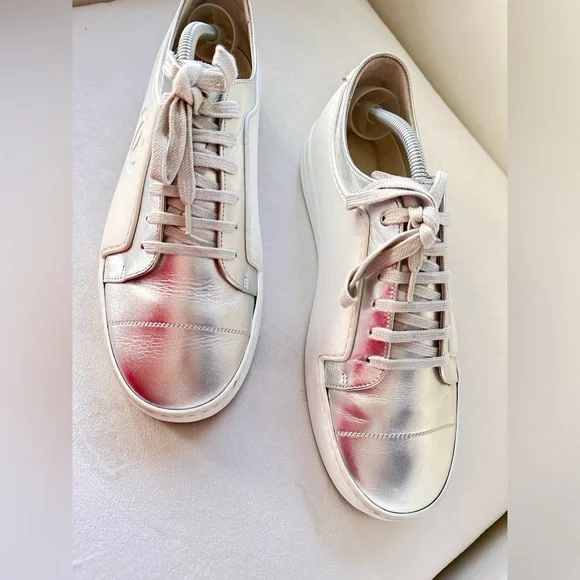 Authentic Chanel CC Sneakers White And Metallic Grey Shoes EuSize 42 US 9